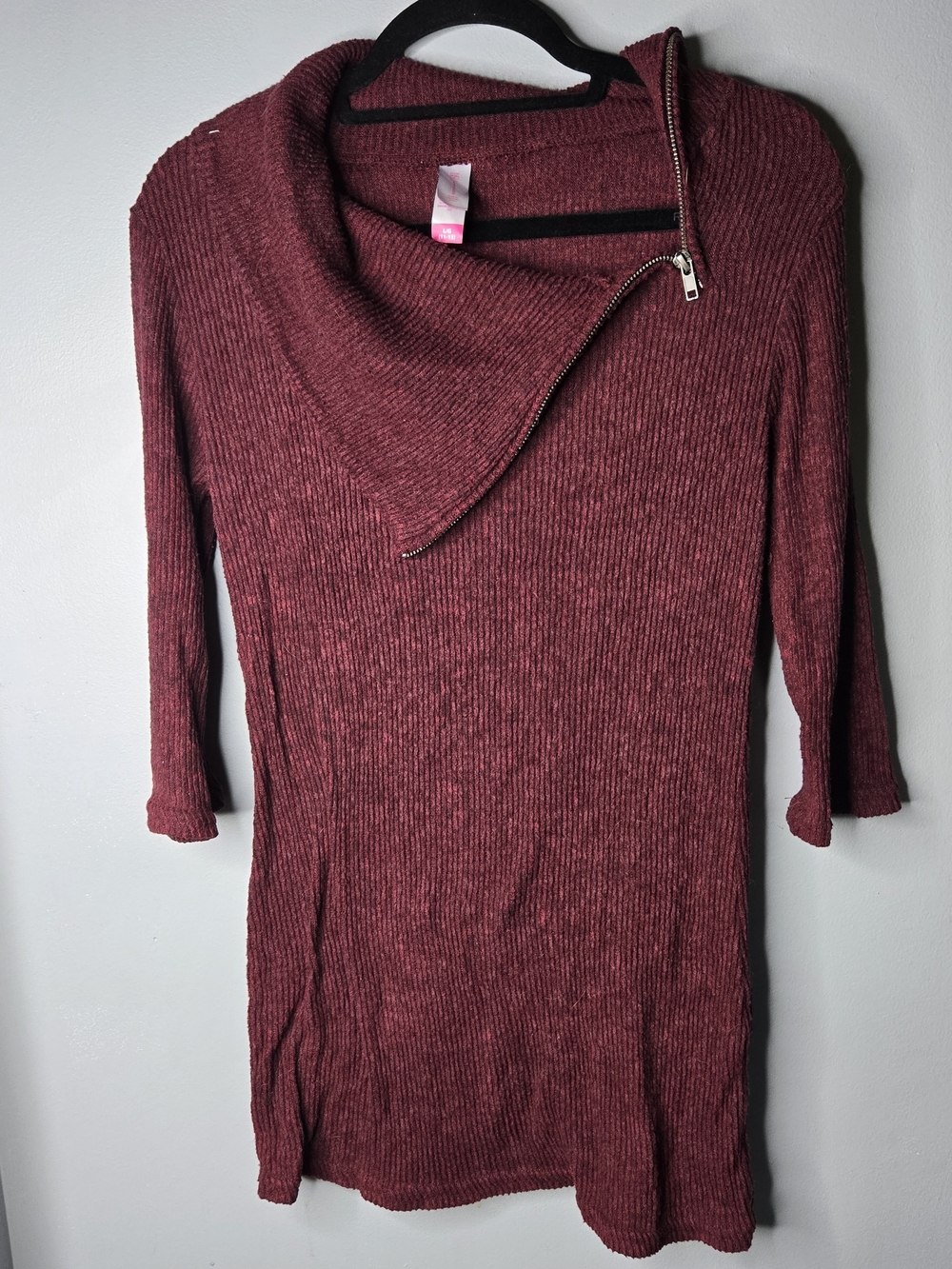 No Boundaries Burgundy Marled Knit Asymmetrical Zipper Cowl Neck Sweater L